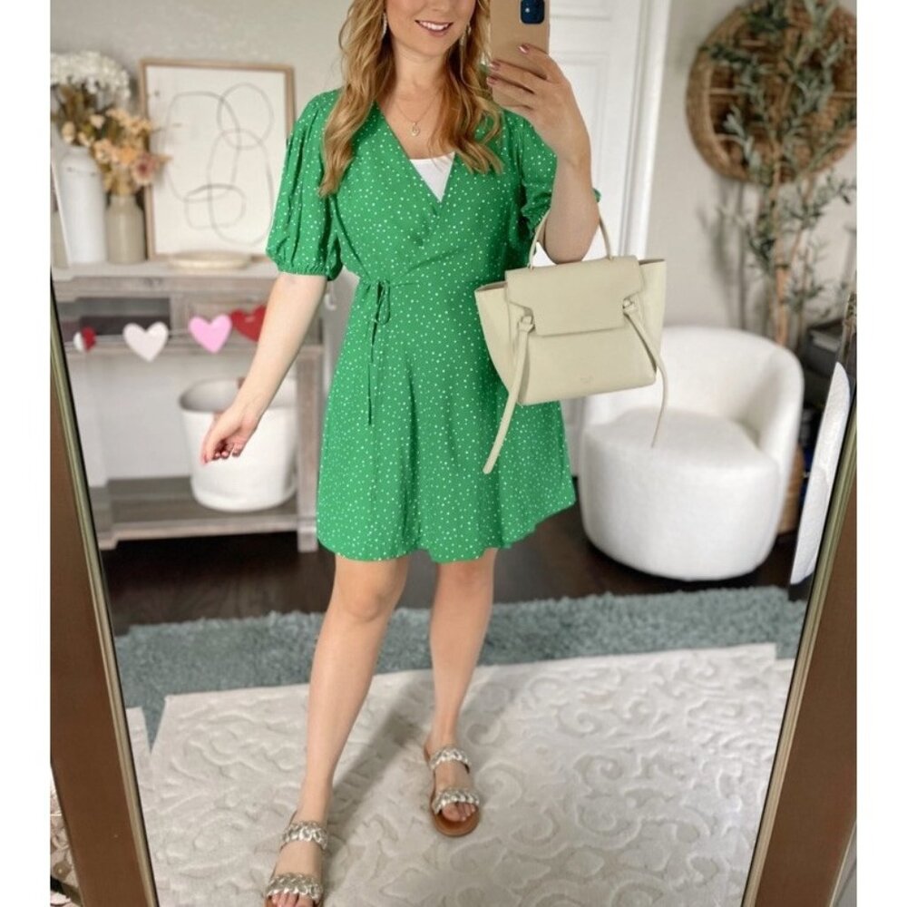 A New Day Shirt Dress Mini S Wrap Kelly Green White Polka Dot Puff Sleeve